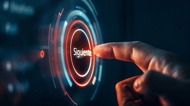 Finger pressing a holographic button with the Spanish word "Siguiente" (next)