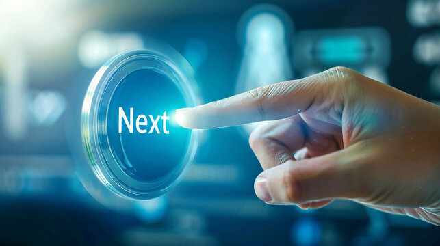 Finger pressing a floating holographic button with the word "Next"