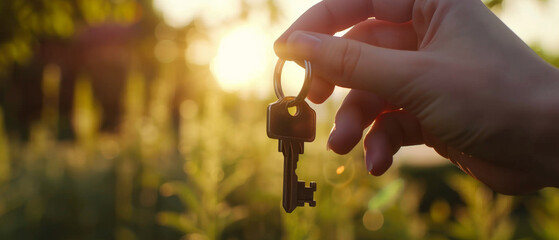 Hand holding a key suggests new ownership, success, or access to something special.