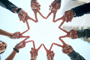 Star, teamwork or hands of business people for support or peace with diversity or community...