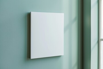 Blank white square poster mounted on a pale green wall next to a window