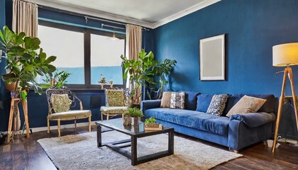 Fototapeta premium furniture design room apartment living blue interior sofa home room wall modern. Generative AI.