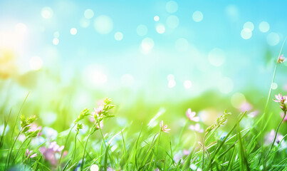 Blurred spring background with green grass and blue sky, Spring nature blurred background with bokeh effect. Vector illustration of spring background with copy space for text, banner design
