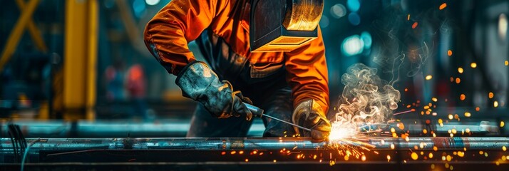 Welder at Work, Welding of Metal Parts at Industrial Plant, Industrial Worker Using Angle Grinder
