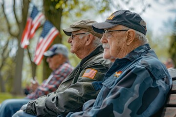Veterans sharing stories on a park bench