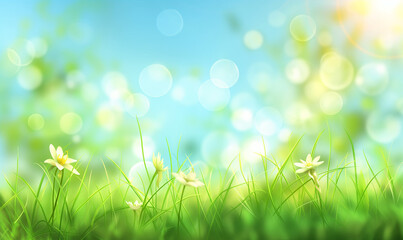 Blurred spring background with green grass and blue sky, Spring nature blurred background with bokeh effect. Vector illustration of spring background with copy space for text, banner design