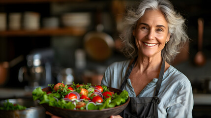 Aged woman smiling happily and holding a healthy vegetable salad bowl on blurred kitchen background. Studio lifestyle portrait with copy space. Healthy eating and senior lifestyle concept for design
