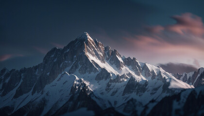 Obraz premium close up view of snow-covered rocky mountain peak. after sunset the lower parts of the mountain are dark and the peak is light