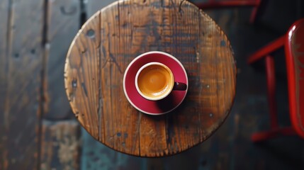 A cup of coffee sits on a wooden table. The coffee is hot and the cup is red and white