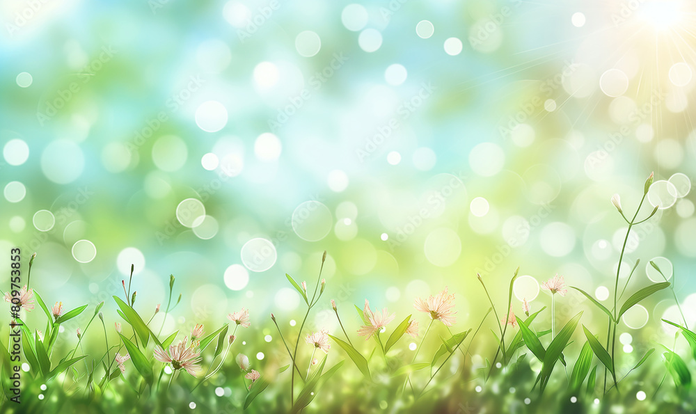 Wall mural blurred spring background with green grass and blue sky, spring nature blurred background with bokeh
