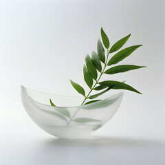 A leaf put on transparent bowl on white background