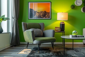 A contemporary living room featuring vibrant green walls, grey accent chair, and central table