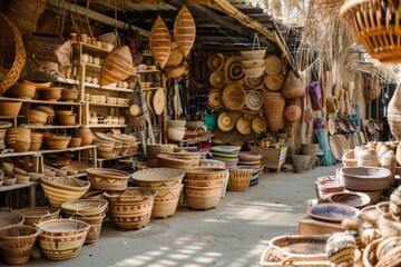 Various woven baskets and handmade crafts on display at a rustic market stall