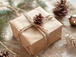 Christmas gift wrapped in brown paper with pine cones.