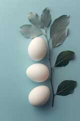 A minimalist Easter-themed illustration with eggs and a single leaf, elegant and isolated with space for message