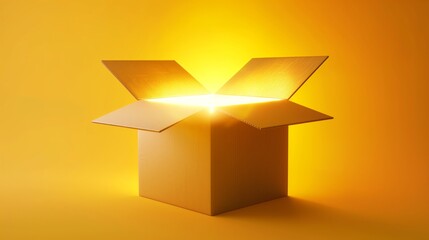 Opened box with light coming out of it on a yellow background