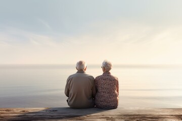 Aged couple sits together peacefully overlooking a tranquil sea at dusk