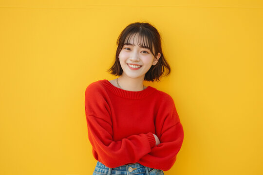 Full length portrait of a smiling japan woman in an red sweater and jeans standing isolated on a yellow background