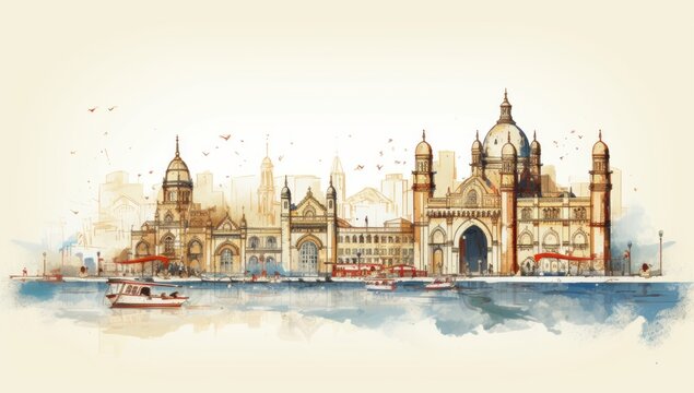 Watercolor splash with hand drawn sketch of Gateway of India Mumbai, India in illustration