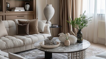 Interior decor layout featuring a harmonious arrangement of furnishings and accessories