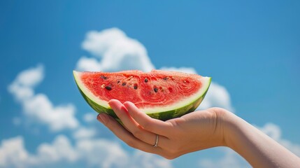 A person holding a slice of watermelon in front of a blue sky.
