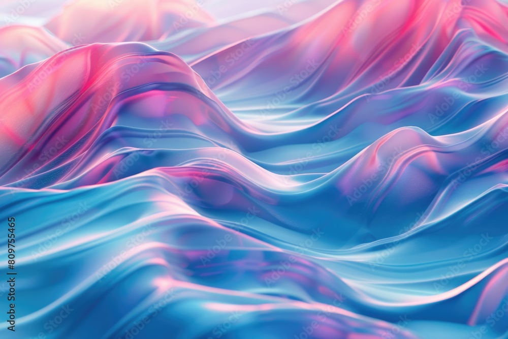 Poster A blue and pink wave with a purple and pink mountain in the background