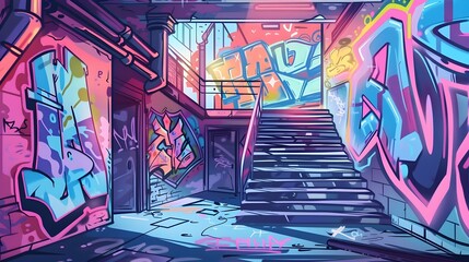 Vibrant Graffiti-Covered Urban Alleyway with Colorful Spray-Painted Street Art Designs