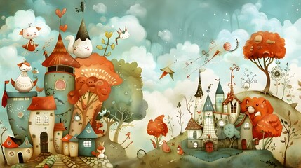 Whimsical of a Fanciful,Imaginative Landscape with Enchanting Characters and Motifs