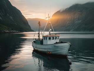 Fototapeta premium A small boat is floating on a lake with mountains in the background