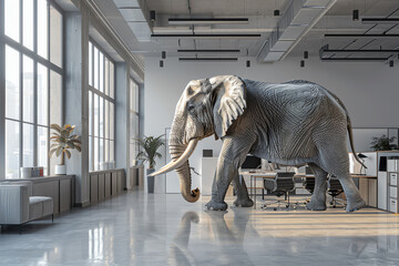 An elephant walks through a modern office. Generative ai.