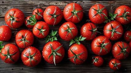   Close-up of multiple tomatoes on a table with water droplets above and below