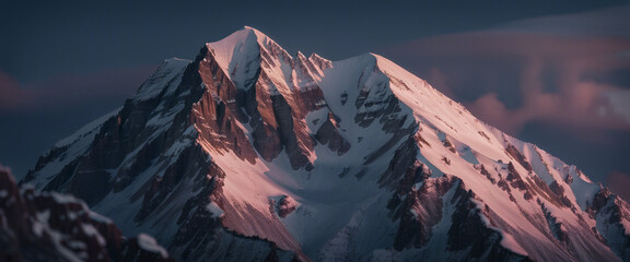 Fototapeta na wymiar close up view of snow-covered rocky mountain peak. after sunset the lower parts of the mountain are dark and the peak is light