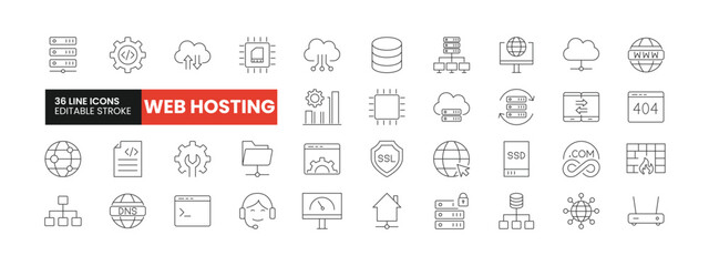Set of 36 Web Hosting line icons set. Web Hosting outline icons with editable stroke collection. Includes DNS, Database, Cloud Computing, Global Network, Speed Optimization, and More.