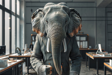 An elephant wearing a suit stands in an office, looking at the camera with a serious expression. Generative ai.
