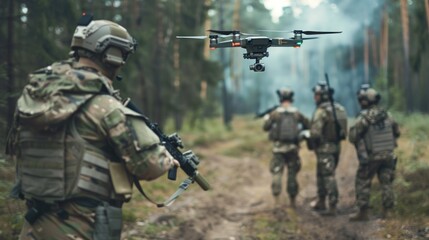 A group of soldiers are on a path with a drone flying overhead