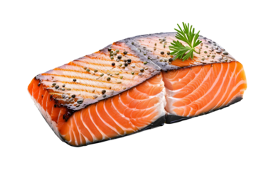 Fresh salmon steak, rich in color and texture, isolated on a clear background, ideal for culinary websites, recipes, and seafood-themed designs.