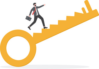 Decode and succeed. A businessman travels up the stairs of keys. business concept vector illustration

