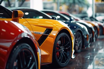 A row of cars are parked in a showroom