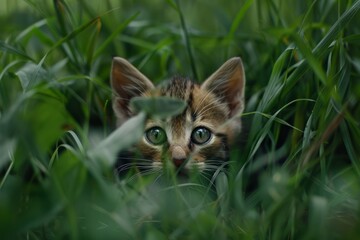 A small kitten is playfully peeking out from tall grass, showing only its ears and eyes - Powered by Adobe
