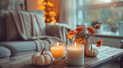 Autumn cozy home interior with candles, pumpkins and flowers. selective focus. 