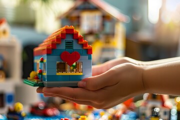 Naklejka premium Hand of a person holding a small Lego house with a red heart decoration