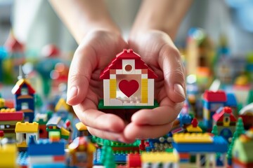 Naklejka premium Cupped hands hold a Lego house featuring a red heart, surrounded by a vibrant Lego community