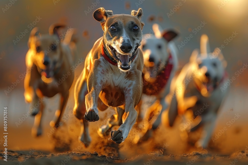 Poster an intense capture of a lead dog running at the forefront, demonstrating focus and leadership in a d