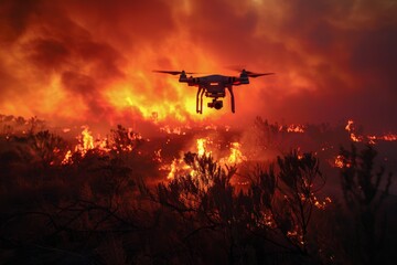 A powerful shot of a drone providing surveillance against the dramatic and destructive background of a forest fire