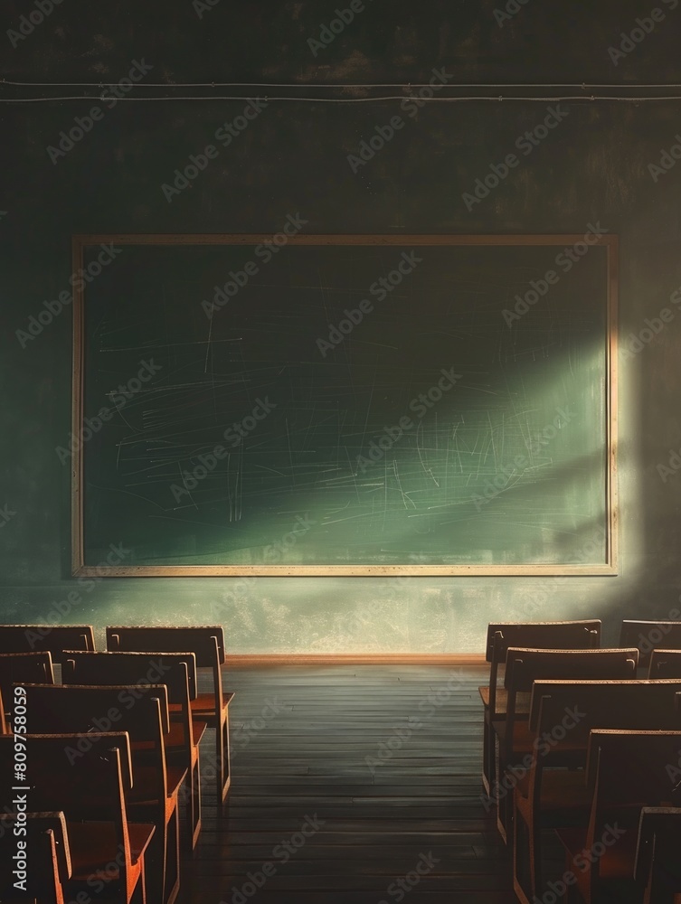 Poster A classroom with a green chalkboard and empty chairs