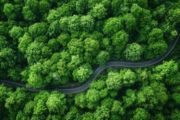 This aerial shot captures a scenic curvy road meandering through a dense, lush green forest, showcasing nature's expansive beauty