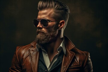 Fototapeta premium Fashion portrait of a handsome man with a beard and sunglasses against a dark background