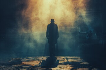 An enigmatic image of a mysterious man surrounded by fog and dramatic backlit lighting in a dark, shadowy setting