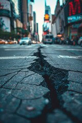 A city street with a large crack in the road