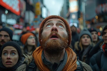 Obraz premium A bearded man wearing a hat and scarf looks upwards in awe at a cityscape, surrounded by people similarly captivated